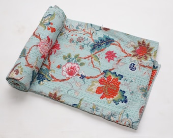 Indian Kantha Quilt/  hand block Floral Print Cotton Bed cover Bedspread Blanket/King size Kantha Quilt/Kantha Coverlet Throw