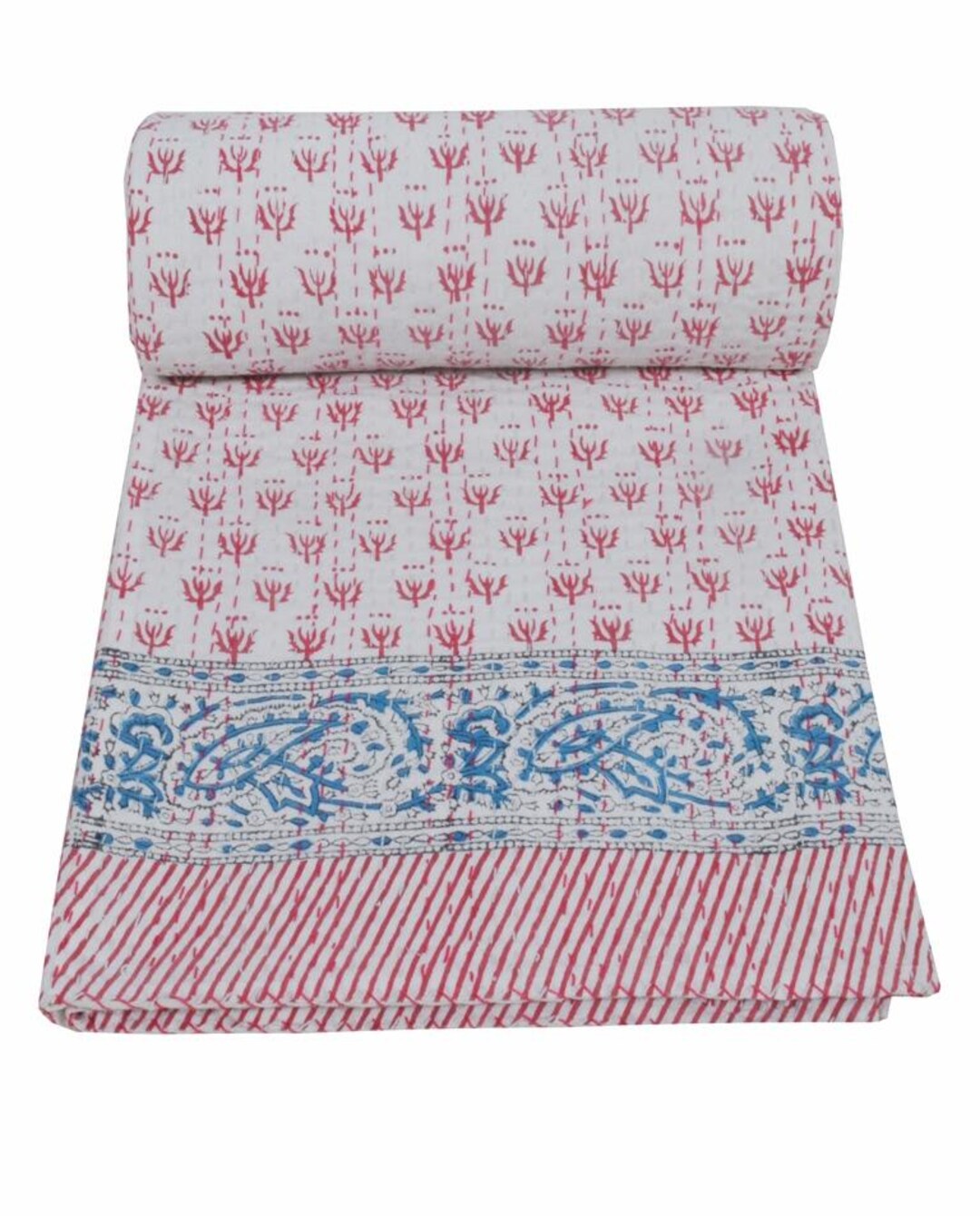 Kantha Quilt Indian White Frida Kahlo Throw Reversible Blanket Bedspread Cotton Fabric BOHEMIAN