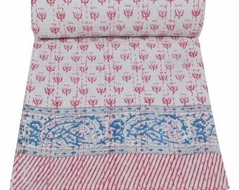 Indian Kantha Quilt  Throw Reversible Blanket Bedspread Block Print Fabric Bohemain quilt Twin/Queen chic bedding coverlets