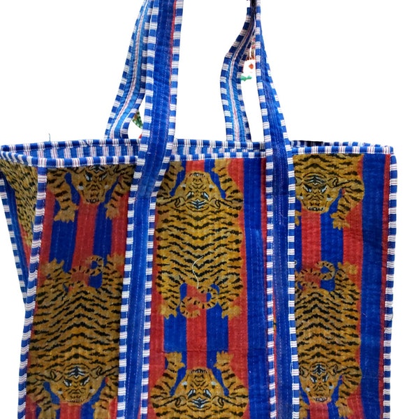 Velvet Tote Bags, Blue Tiger Printed Cotton Velvet Market Bag,Jhola Bag, Handmade Cotton Velvet Quilted Tote Bag, Hippie Bag, Weekend Bag