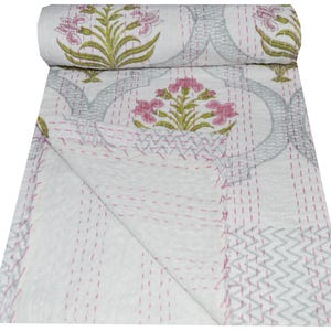 Block Hand Kantha Quilted Kantha Quilt Boho Indian Kantha Quilt, Blanket Bedspread Quilting Bed Cover Kantha Bedding Bedspread Floral Print image 1