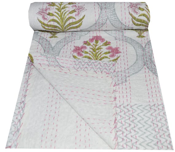 Block Hand Kantha Quilted Kantha Quilt Boho Indian Kantha Quilt, Blanket Bedspread Quilting Bed Cover Kantha Bedding Bedspread Floral Print