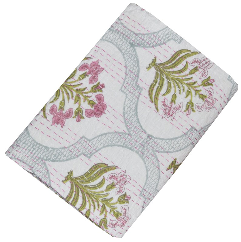 Block Hand Kantha Quilted Kantha Quilt Boho Indian Kantha Quilt, Blanket Bedspread Quilting Bed Cover Kantha Bedding Bedspread Floral Print image 2