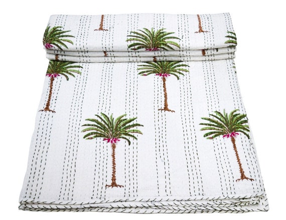 Indian Quilt Green Palm Tree Print Kantha Bedspread Bedcover Throw Twin & Queen/ King Kantha Bedding Throw Coverlet  Kantha Quilt