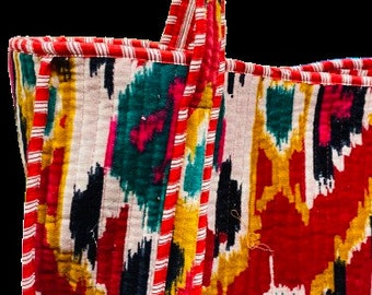 Ikat Print Hippie Bag, Weekend Bag, Velvet Tote Bags, Cotton Velvet Market Bag, Jhola Bag,  Cotton Velvet Quilted Tote Bag,