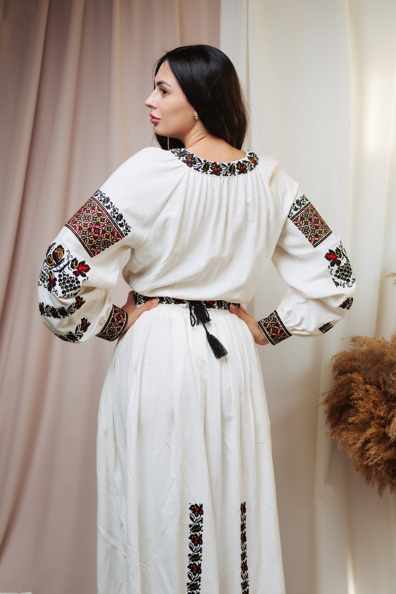 White linen embroidered dress Ukrainian embroidered dress | Etsy