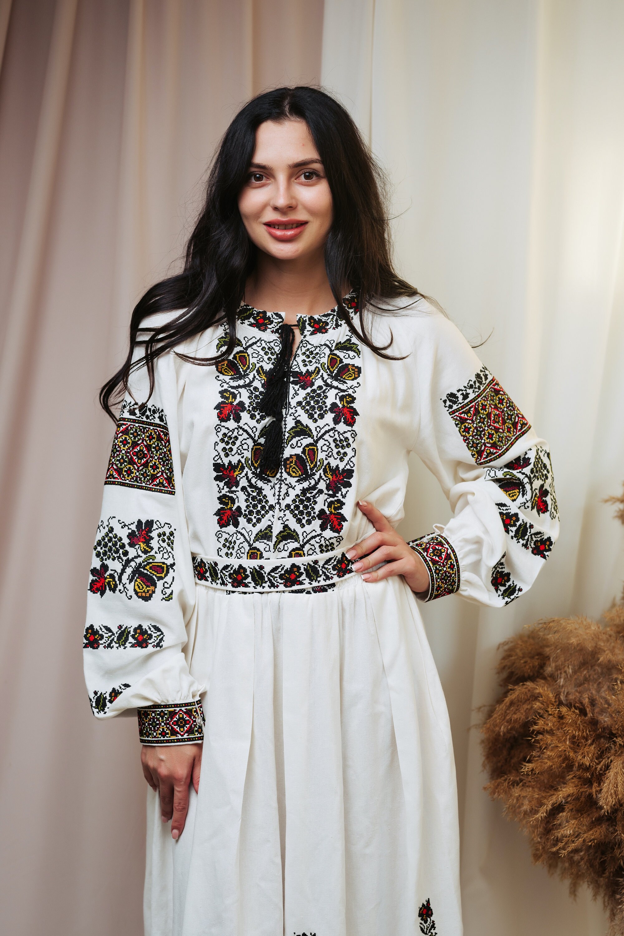 White linen embroidered dress Ukrainian embroidered dress | Etsy