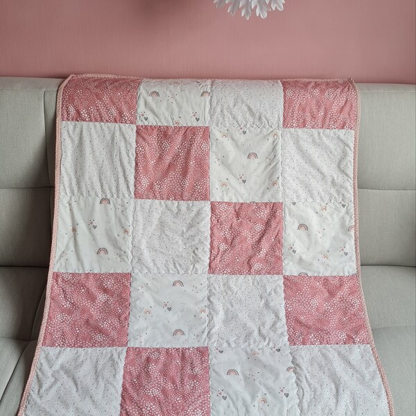 Pink and white reversible patchwork quilt, toddler snuggle blanket, baby playmat, handmade nursery accessory, childrens bedding, bed cover