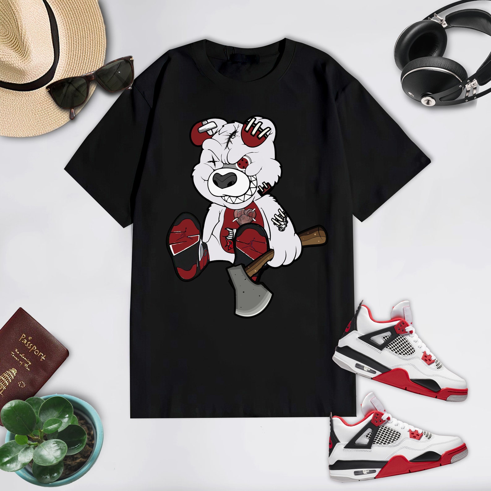 Nike Air Jordan 4 Fire Red Sneakers Tee Teddy bear Nike Air | Etsy