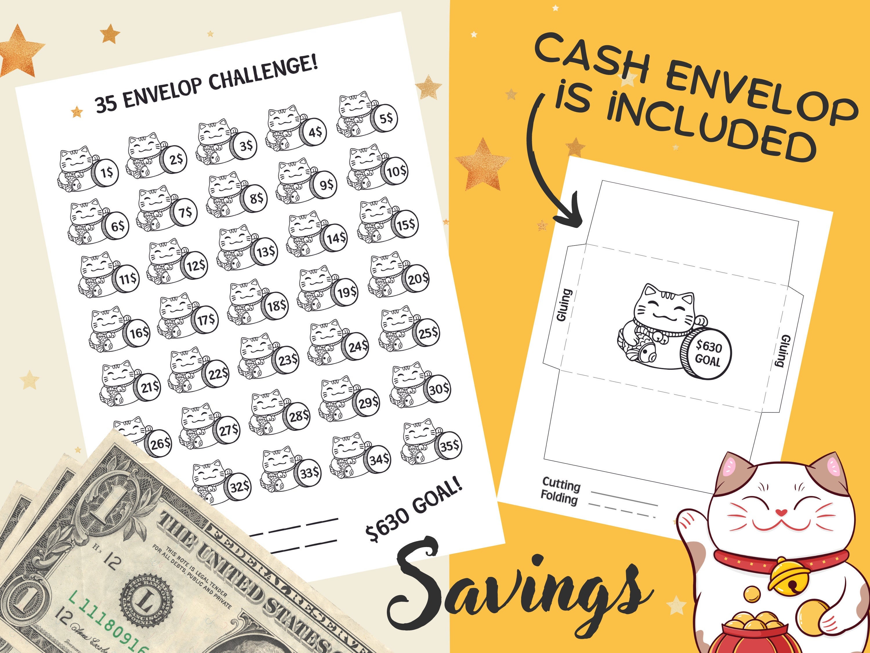 Printable 35 Envelope Savings Challenge - MANEKI NEKO Design - Cash Envelope for Savings