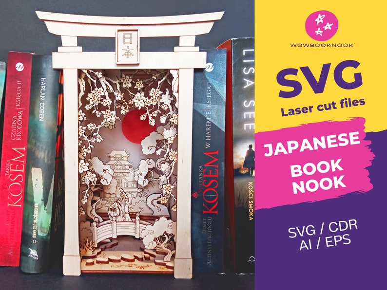 Japanese Book Nook Shelf Insert - Japanese diorama - SVG laser cutting, Laser Cut File, Glowforge Laser cut file, Glowforge files 