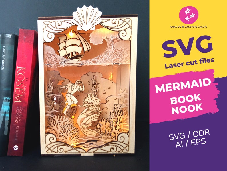 The Mermaid Book Nook Shelf Insert - SVG laser cutting, Laser Cut File, Glowforge Laser cut file, Glowforge files 