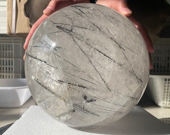 9.2" 39LB Natural Black Tourmaline sphere quartz white Crystal Ball Crystal Ball Reiki healing VV3