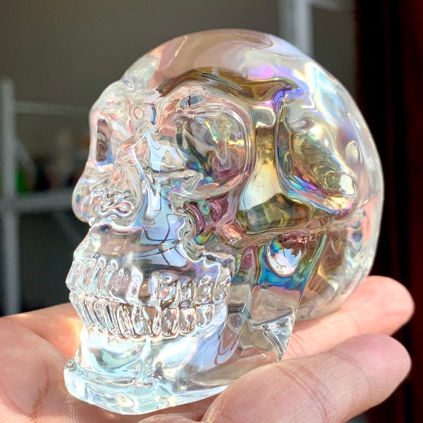 3"Titanium Rainbow Aura Lemurian,quartz crystal ,hand carved,crystal skull,crystal gift  electroplate quartz  skull surprised gift 1pc