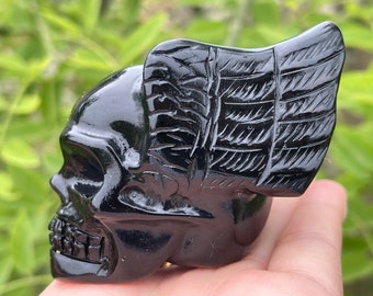 Natural obsidian crystal skull crystal hand carved crystal wings ghost head Halloween gift 1x