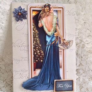 Tarjeta de pareja Art Deco lista para su baile festivo, Feliz Navidad con amor, Tarjeta festiva, Felices fiestas navideñas, Tamaño A5