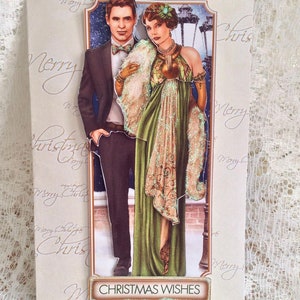 Tarjeta de pareja Art Deco lista para su baile festivo, Feliz Navidad con amor, Tarjeta festiva, Felices fiestas navideñas, Tamaño A5