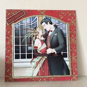 Tarjeta de pareja Art Déco lista para su baile festivo, Feliz Navidad con amor, Tarjeta festiva, Saludo navideño Felices fiestas