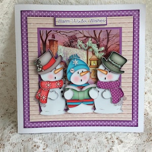 Cartão de Natal de bonecos de neve fofos, Feliz Natal, Cartão decoupaged, Cartão festivo, Boas festas, Boneco de neve atrevido, Tamanho 8 x 8, etiquetas de presente grátis