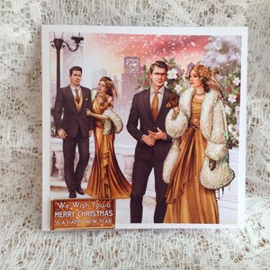 Tarjeta de pareja Art Deco lista para su baile festivo, Feliz Navidad con amor, Tarjeta festiva, Felices fiestas, Tamaño 6 x 6 pulgadas