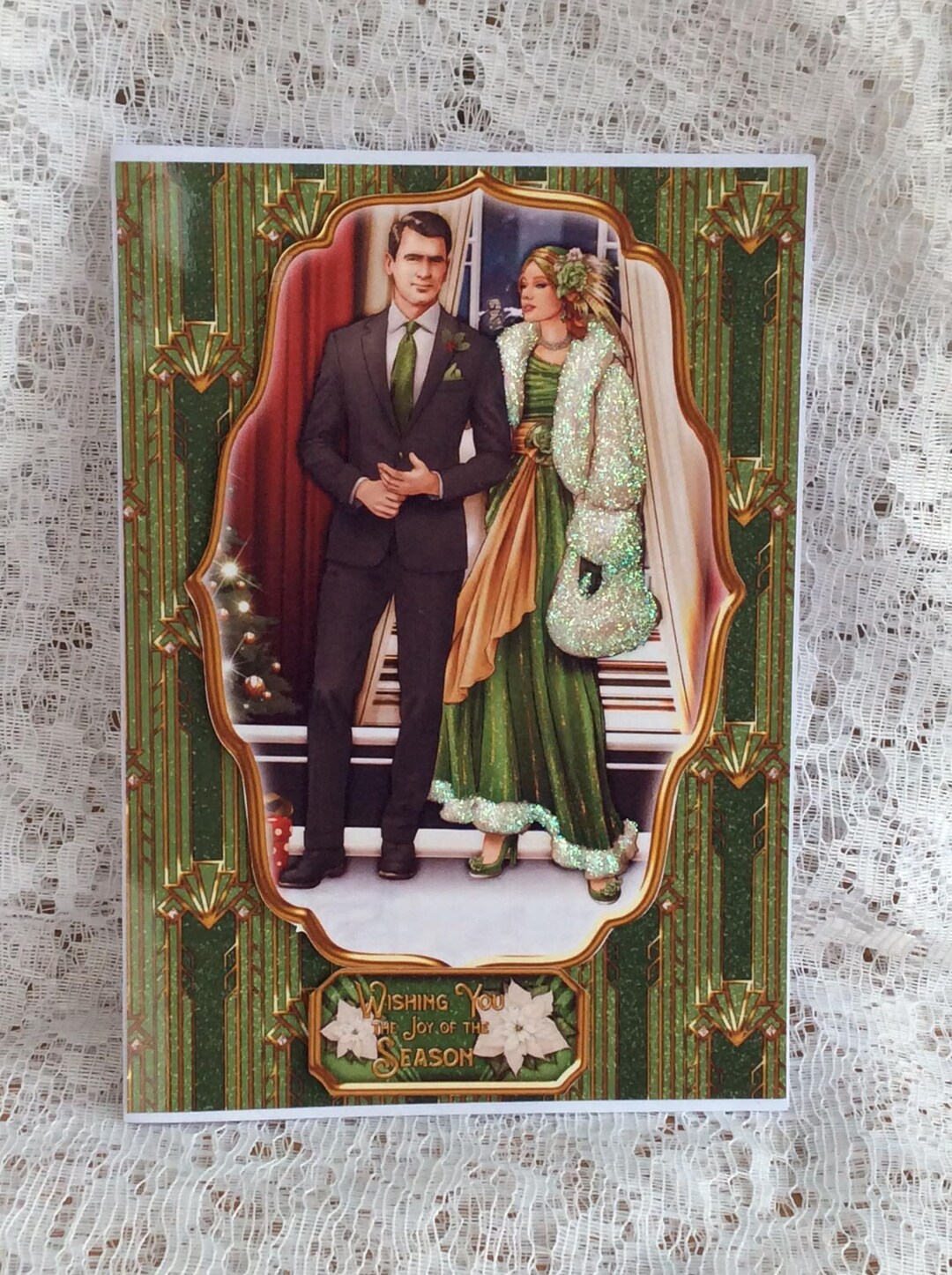 Art Deco Couple Christmas Card: Glitter & Gems, Festive Dance (A5) - Etsy