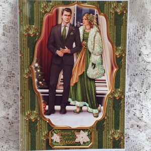 Tarjeta de pareja Art Deco lista para su baile festivo, Feliz Navidad con amor, Tarjeta festiva, Felices fiestas navideñas, Tamaño A5