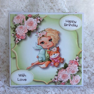 Cartão de aniversário infantil feito à mão, cartão fofo, cartão de aniversário de uma menina especial, tamanho 8x8, etiquetas de presente grátis