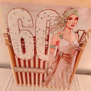 Élégante carte du 60e anniversaire de style Art déco, carte d'étape importante du 60e anniversaire, carte du 60e anniversaire, carte de fête pour dames, insert imprimé