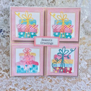 cartão mostrando caixas de Natal, cartão de luxo, cartão de Natal infantil, saudações das estações, cartão fofo, feliz Natal para meninas, cartão de decoupage,