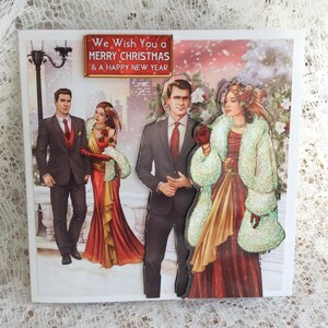 Tarjeta de pareja Art Deco lista para su baile festivo, Feliz Navidad con amor, Tarjeta festiva, Felices fiestas, Tamaño 6 x 6 pulgadas