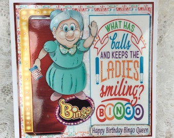 For the lady that loves Bingo on her Birthday ,  Fun Birthday Card, Bingo Queen Card,   Novelty Birthday Card, card with printed insert