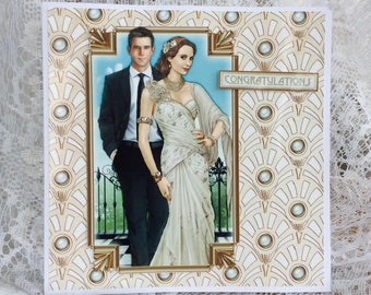On your Wedding day Card, Wedding Congratulations, Art Deco Wedding, Love Card Romantic Card, , Marriage Card, size 8 x 8 inch