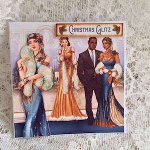 Tarjeta de pareja Art Deco lista para su baile festivo, Feliz Navidad con amor, Tarjeta festiva, Felices fiestas, Tamaño 6 x 6 pulgadas