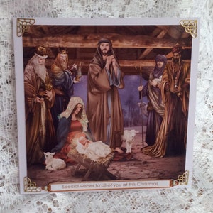 ręcznie robiona kartka na szopkę, kartka świąteczna, kartka religijna, kartka świąteczna, bożonarodzeniowe błogosławieństwa, luksusowa kartka, kartka 6 x 6 cali