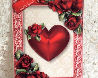 Tarjeta de cumpleaños con corazón de rosa en 3D, felicitaciones de aniversario hechas a mano.