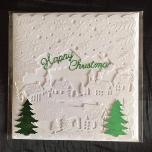 Eine maßgeschneiderte handgemachte Weihnachtskarte, Weihnachtsszenenkarte, glückliche Weihnachtskarte, geprägte Kartengröße 15 x 15 cm