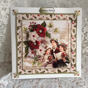 Tarjeta de Navidad de escena vintage, tarjeta de cantantes de villancicos, tarjeta de Navidad, tamaño 8 x 8 pulgadas, inserto impreso, tarjeta desacoplada, deseos de Navidad