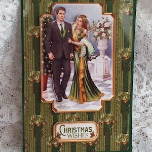 Tarjeta de pareja Art Deco lista para su baile festivo, Feliz Navidad con amor, Tarjeta festiva, Felices fiestas navideñas, Tamaño A5