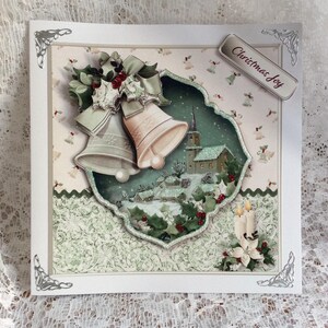 Tarjeta navideña con escena vintage, tarjeta con campanas navideñas, tarjeta navideña, con amor en Navidad, tamaño 8 x 8 pulgadas, inserto impreso, tarjeta decoupage