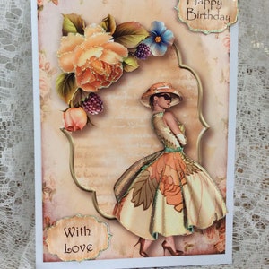 Tarjeta de feliz cumpleaños para damas cumpleaños, tarjeta de dama elegante, tarjeta hecha a mano, tarjeta tamaño A5, mejores deseos, tarjeta para su cumpleaños