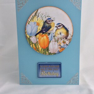 Tarjeta de feliz cumpleaños, tarjeta de cumpleaños única, bonita en tarjeta azul, tarjeta Spring Bird, para su cumpleaños, tarjeta decoupage, tamaño A5