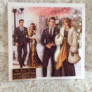 Tarjeta de pareja Art Deco lista para su baile festivo, Feliz Navidad con amor, Tarjeta festiva, Felices fiestas, Tamaño 6 x 6 pulgadas