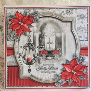Carte de Noël de luxe montrant un autel d’église décoré, carte de sentiment religieux, carte faite à la main, bénédictions de Noël, grande taille 8 x 8 pouces
