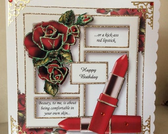 Glamorous Handmade Luxury  Birthday Card, Happy Birthday for her, Special Ladies card ,   size 8 x 8 decoupaged card