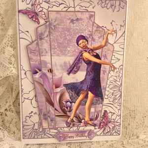 Cartão exclusivo Flapper Girl, cartão de aniversário para senhora, cartão de feliz aniversário, cartão feminino, cartão decoupaged, cartão elegante para senhora, tamanho A5