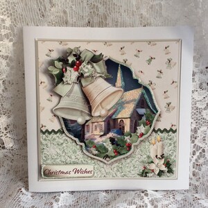 Tarjeta de Navidad de escena vintage, tarjeta de campanas de Navidad, tarjeta de Navidad, con amor en Navidad, tamaño 8 x 8 pulgadas, inserto impreso, tarjeta decoupage