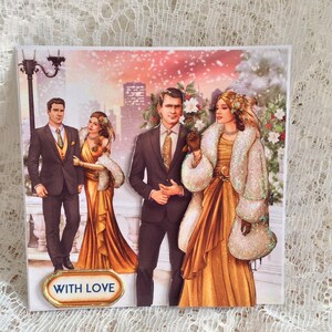 Tarjeta de pareja Art Deco lista para su baile festivo, Feliz Navidad con amor, Tarjeta festiva, Felices fiestas, Tamaño 6 x 6 pulgadas