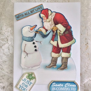 Luxe leuke kaart met de kerstman die tegen een sneeuwpop spreekt, kaart voor Kerstmis, kerstkaart, fijne feestdagen, vrolijk kerstfeest