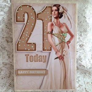 Milestone 21st  Birthday card, 21 Greeting Card, Luxury Card, 21st Birthday for her, on your 21st,  Decoupaged Art Deco Lady card