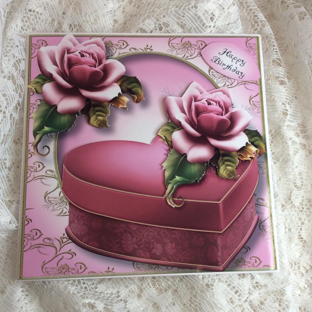 Handmade Birthday Card for Her: Pink Roses & Heart - Etsy